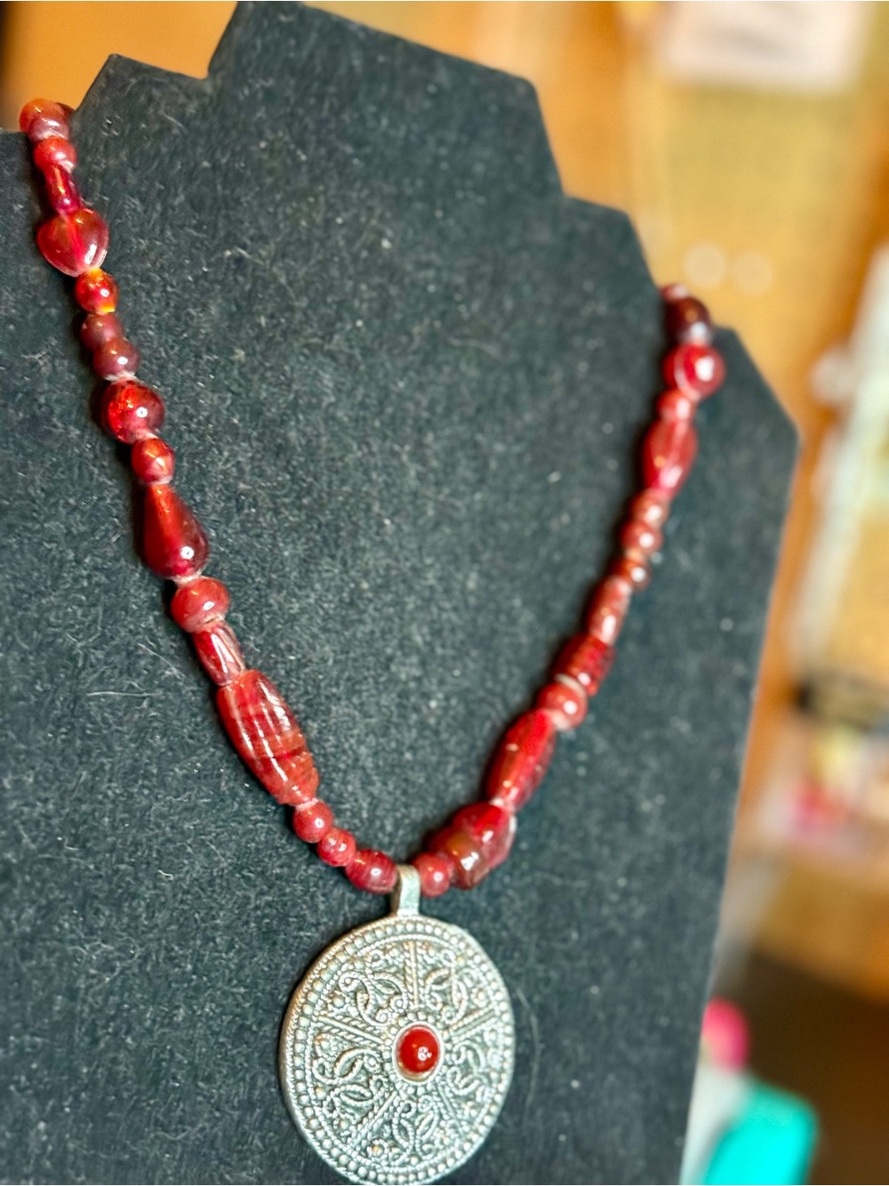 Handmade Red Beaded Pendant Necklace with Silver Medallion